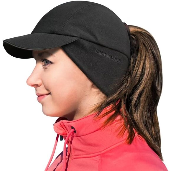 Women's Black Winter Ponytail Reflective Drop Down Ear Warmer Fleece Running Hat - Picture 1 of 6